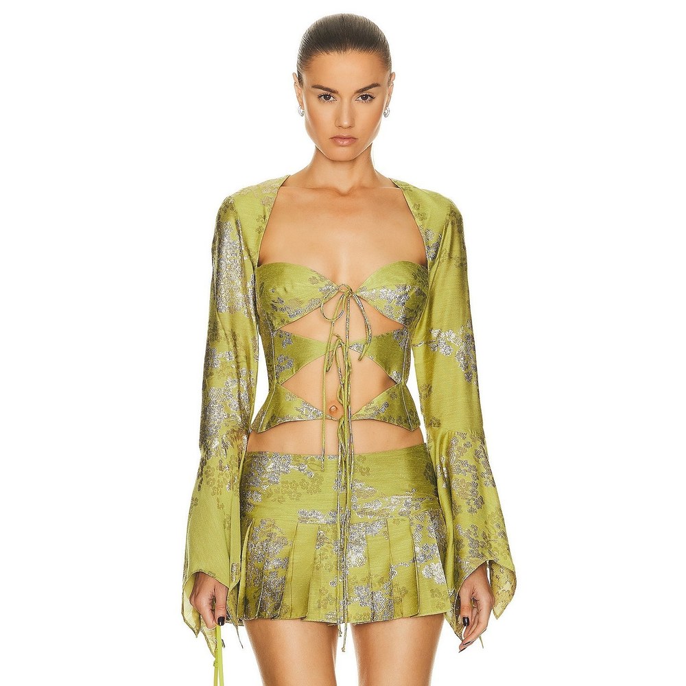 New SIEDRES Petra Top in Green gold long bell sleeve retro front tie